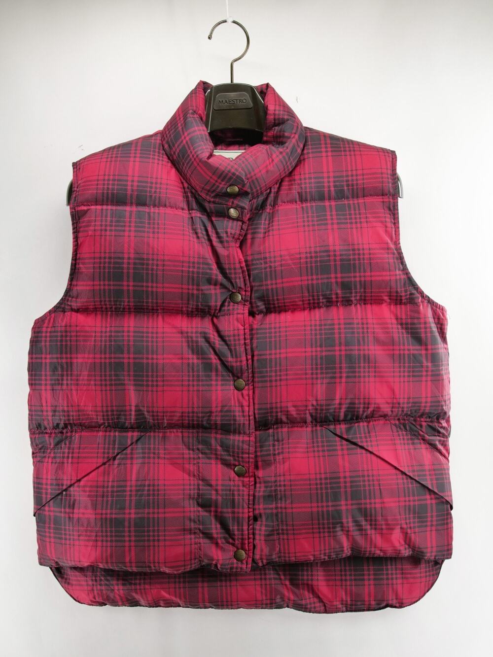 Vintage LL Bean Goose Down Puffer Vest Womens Med Red Black Plaid Snap Button